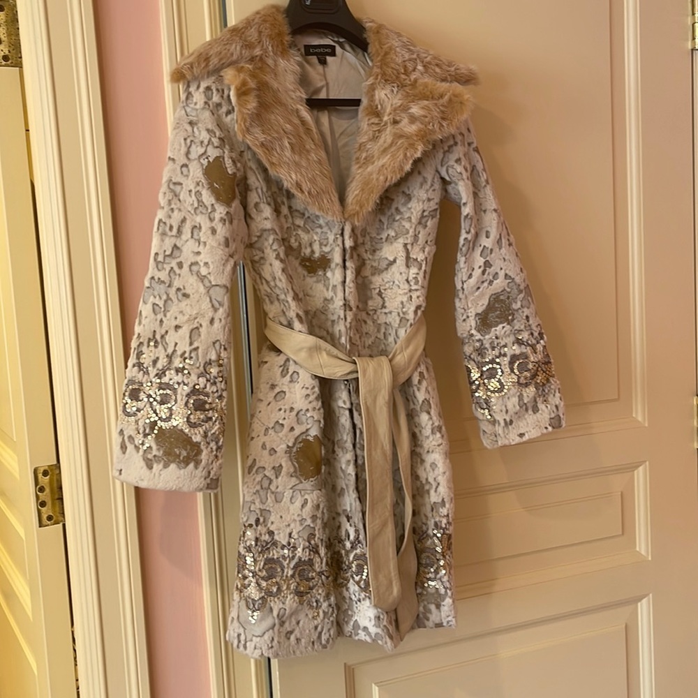 Bebe winter faux fur embroidered coat size small